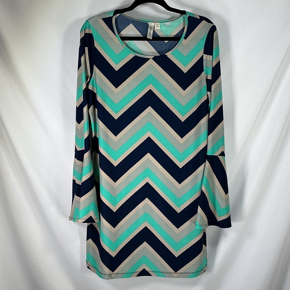 Tacera Chevron Tunic Dress L Large Blue Teal Zig Zag Shift Mini Long Sleeve Top